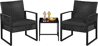 Yaheetech Salon de Jardin Exterieur 2 Fauteuils et 1 Table Basse en Poly Rotin et Métal Mobilier Fauteuils de Jardin pour Balcon/Bar/Bureau Noir